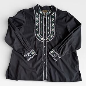 Vintage Bob Mackie XL Button Embroidered Blouse Black Western Floral 80s 90s